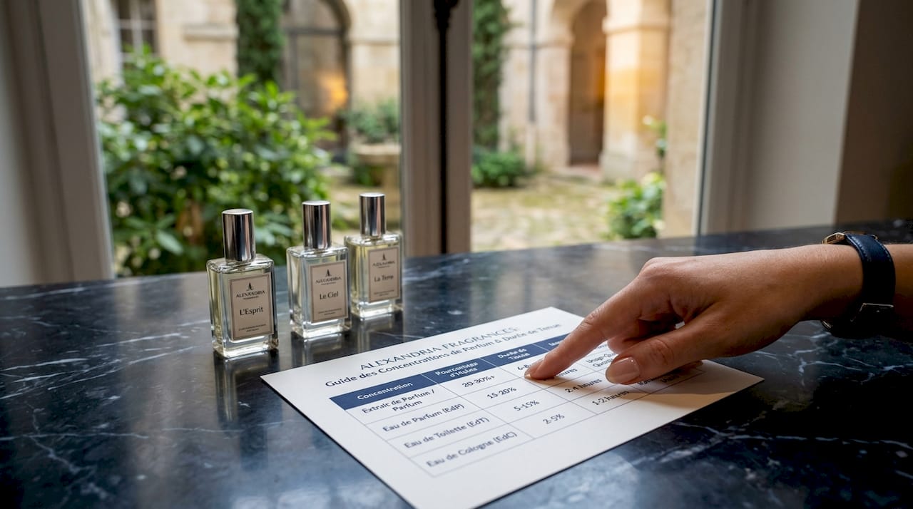 Échantillons de parfums accompagnés d’un tableau sur la concentration et la tenue