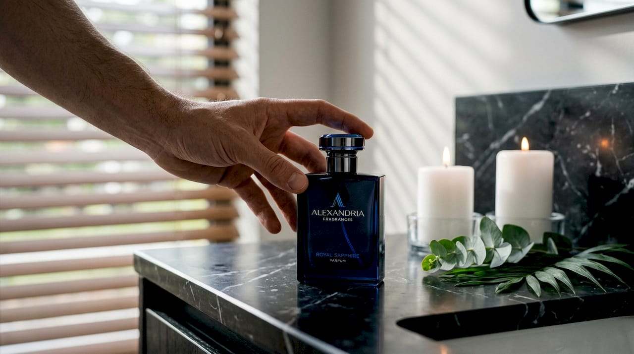 Una mano se acerca con delicadeza a tomar un frasco de perfume elegante.