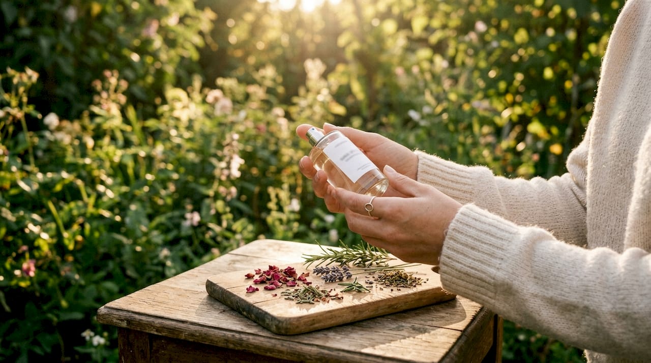 Des mains utilisent un smartphone pour vérifier la composition d’un parfum végan.