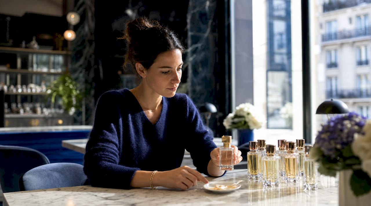 Des mains présentent des flacons de parfum arborant des labels de certification.