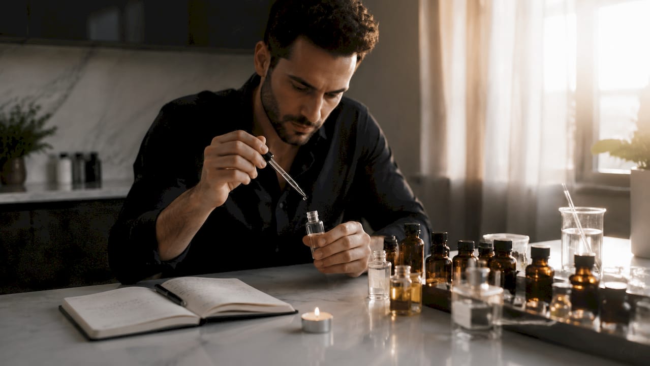 Manos que combinan esencias para crear perfumes exclusivos en una boutique.