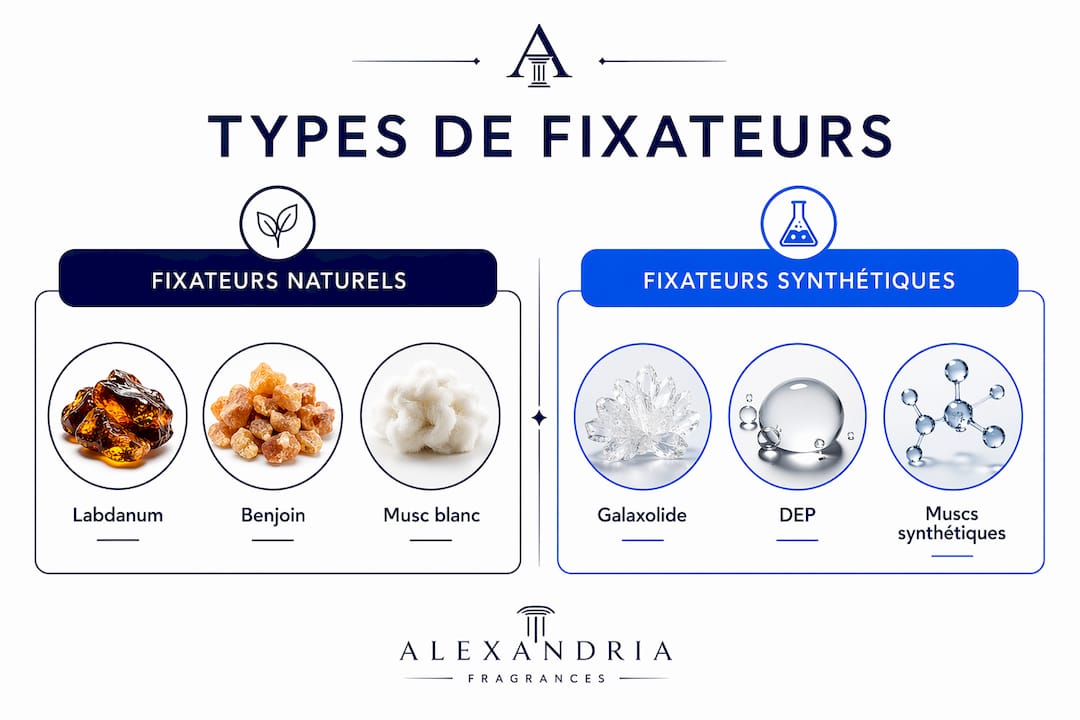 Infographie : tableau comparatif entre les fixateurs naturels et les fixateurs synthétiques