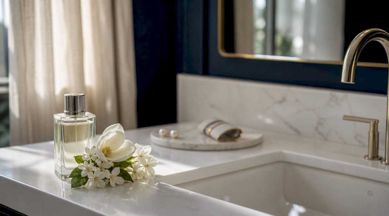 Una elegante botella de perfume de aroma floral blanco, rodeada de delicadas flores blancas.