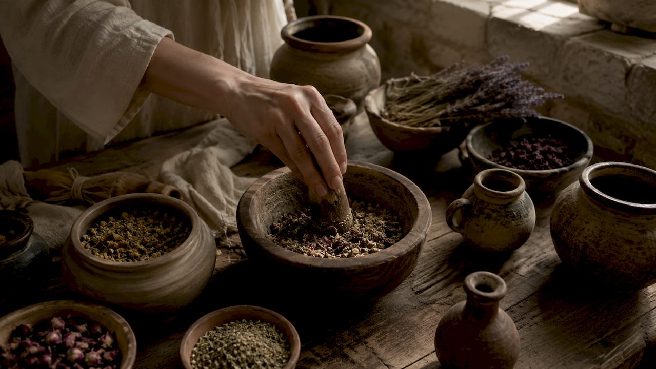 Des mains s’affairent à sélectionner et à préparer des ingrédients ancestraux destinés à la création de parfums.