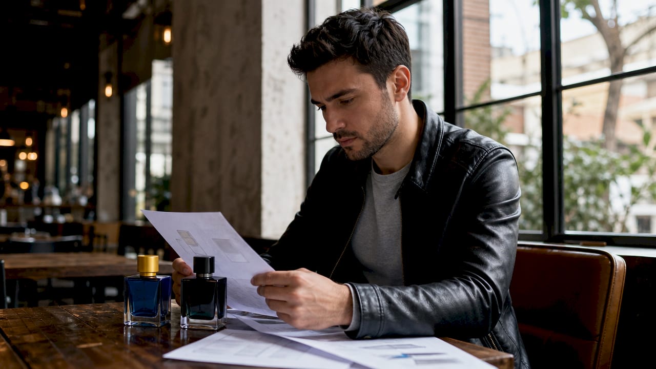 Un hombre sentado en su escritorio, leyendo opiniones sobre imitaciones de perfumes.