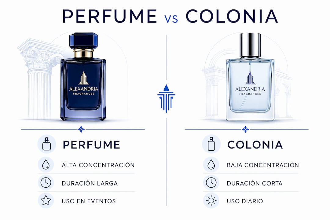 Infografía elegante que destaca las principales diferencias entre perfume y colonia