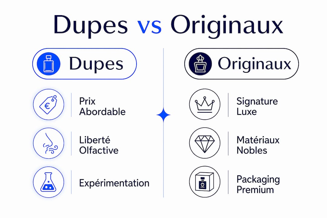 Visuel comparatif : dupes vs parfums de grandes marques