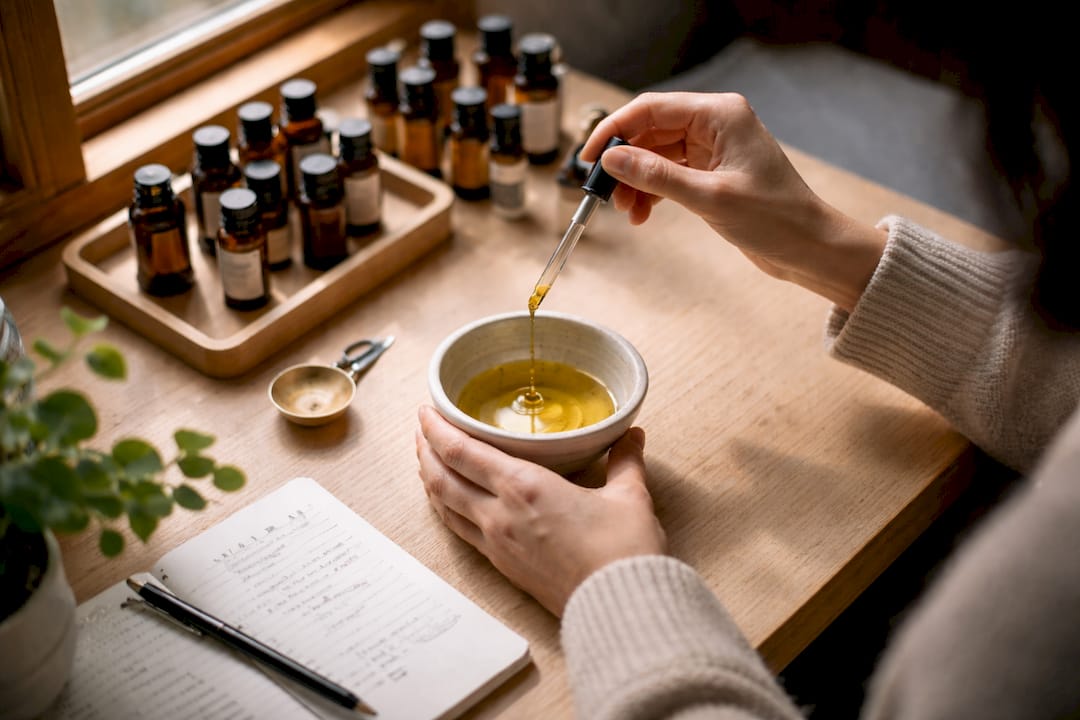 Manos preparando mezclas de aceites esenciales en un laboratorio, cuidando cada detalle para lograr la combinación perfecta.