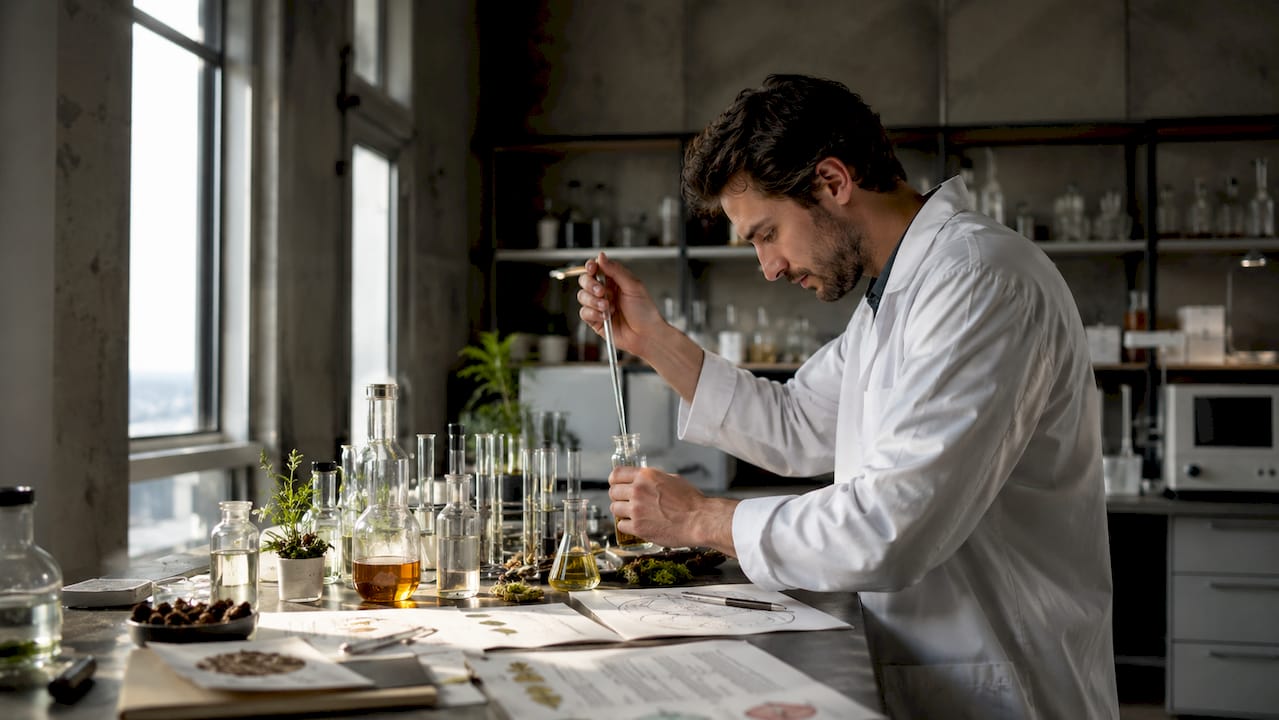 Un chimiste élabore minutieusement les composants destinés à la création de parfums de synthèse.