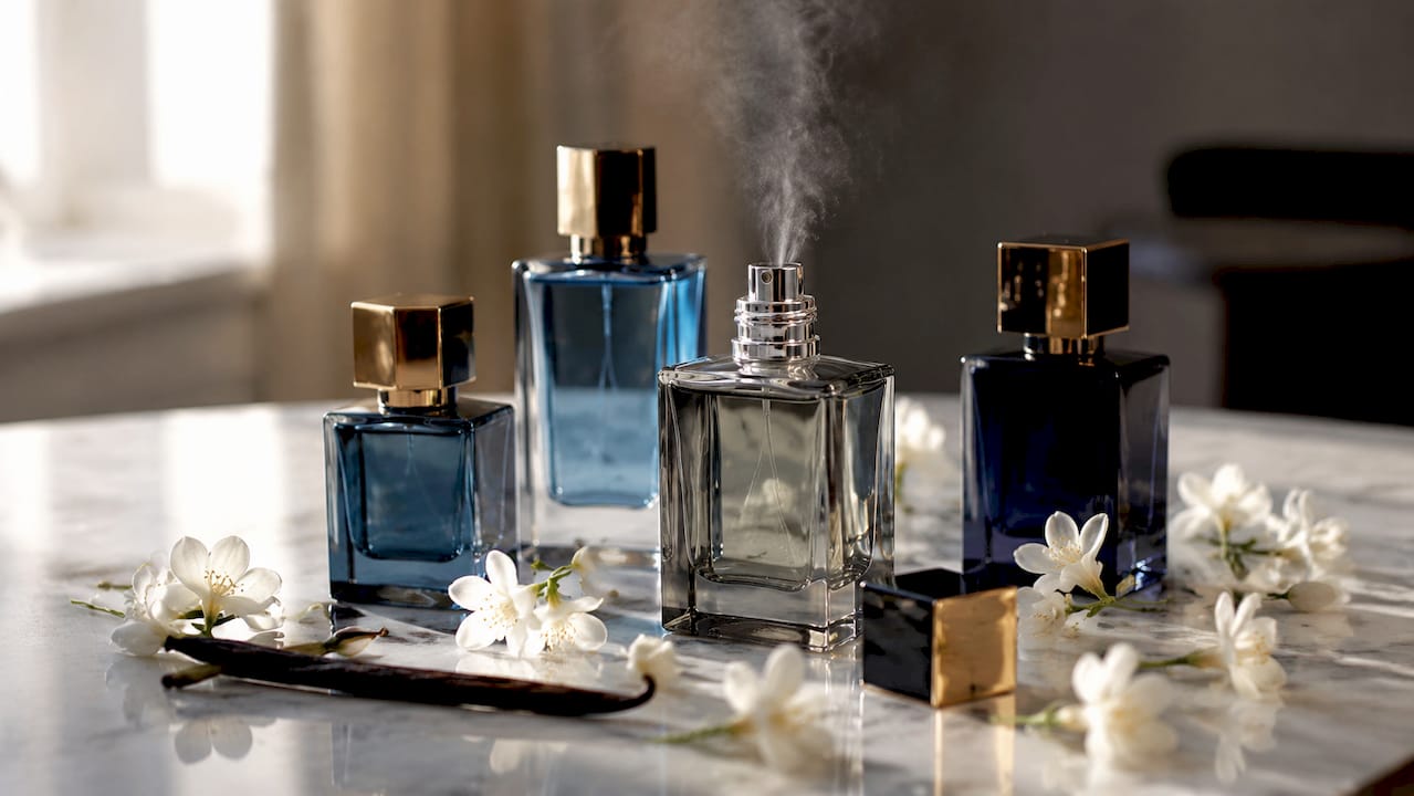 Des flacons de parfum délicatement posés au milieu de fleurs de jasmin et de gousses de vanille.