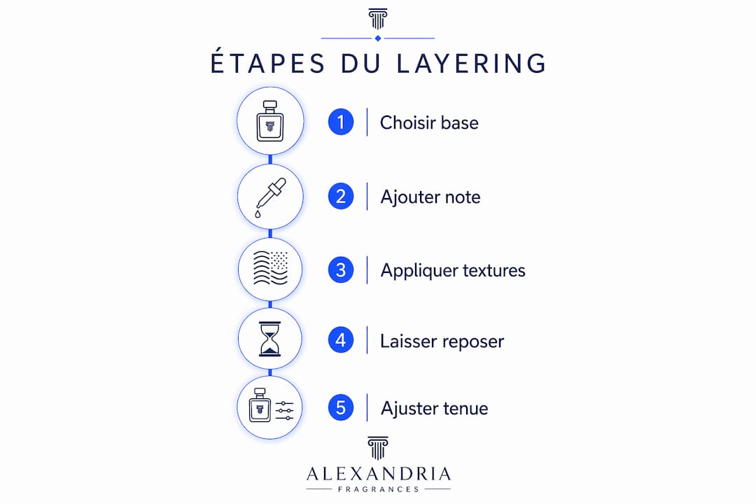 Infographie présentant les différentes étapes incontournables pour réussir l’art du layering de parfum