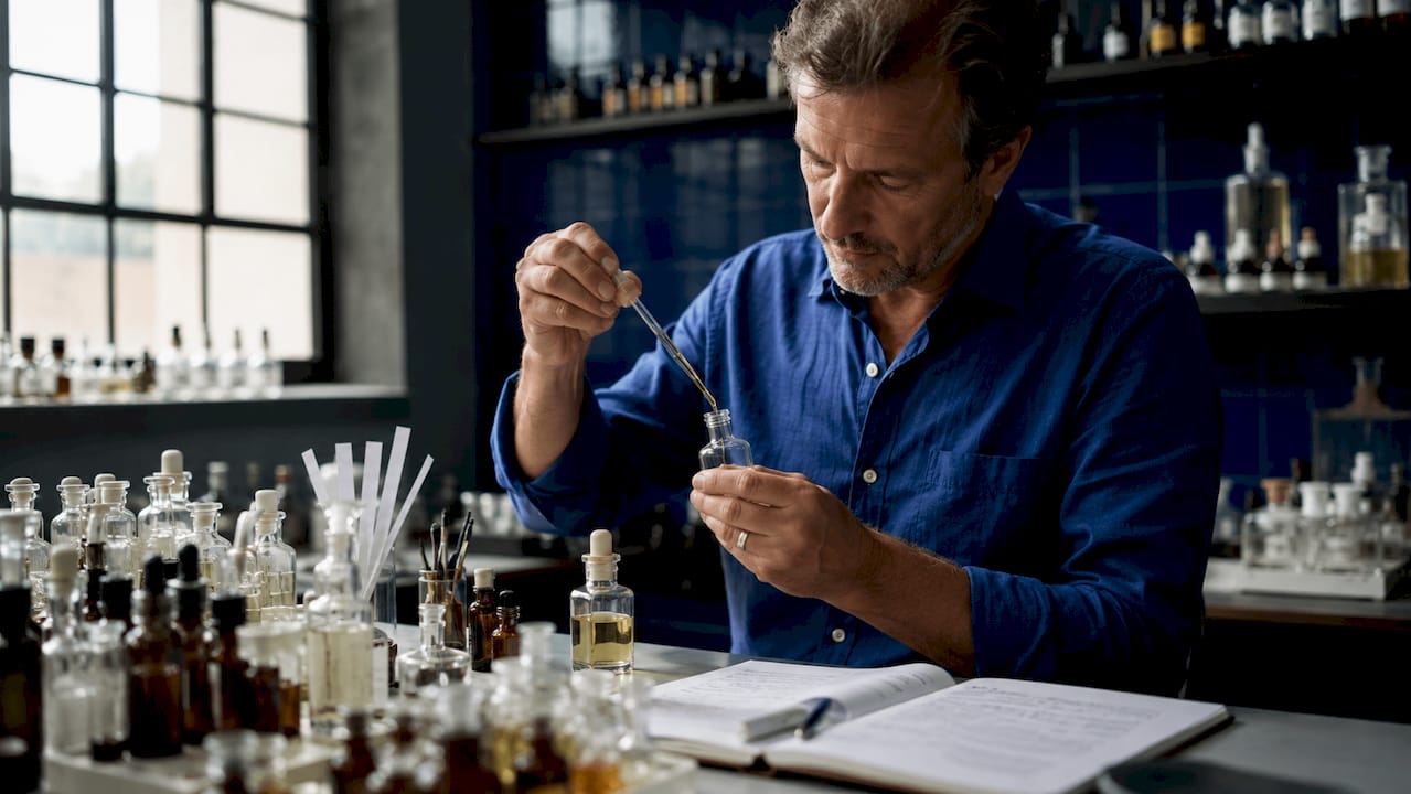 Un nez en plein cœur de son laboratoire, élaborant une fragrance au caractère puissant.