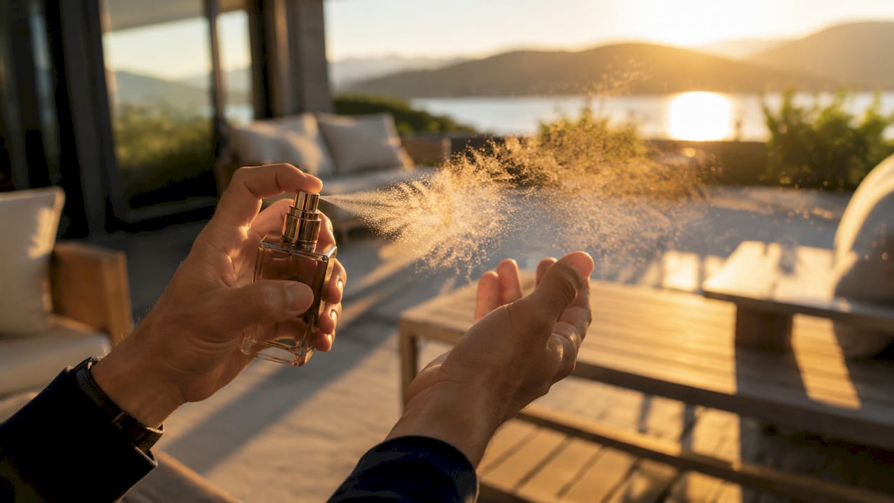 Detalle de unas manos aplicándose perfume en un día de verano