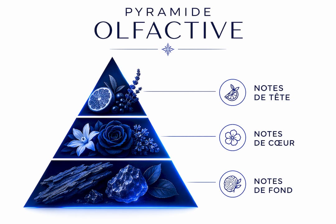 Présentation visuelle de la structure olfactive d’un parfum artisanal