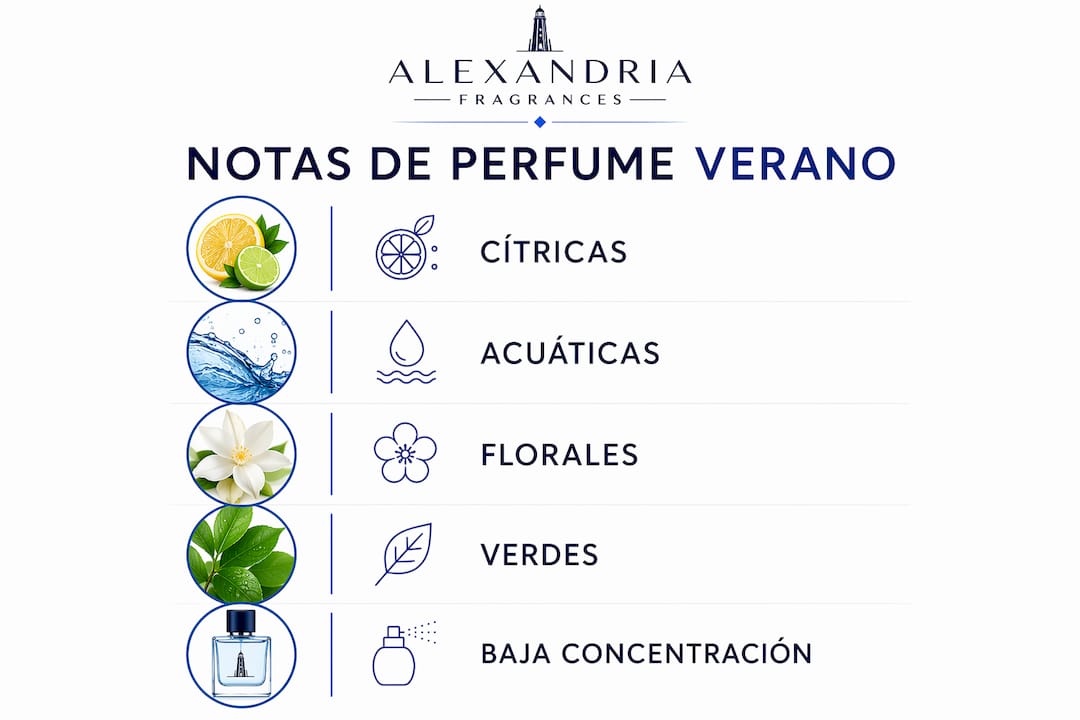 Infografía sobre las notas y atributos esenciales de los aromas frescos ideales para el verano