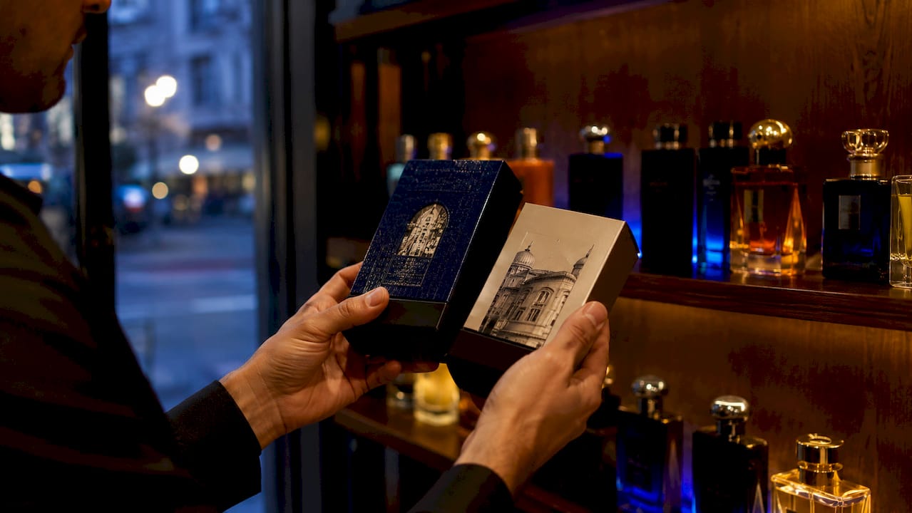 Des mains examinent et comparent des boîtes de parfum, attentives aux détails du packaging.
