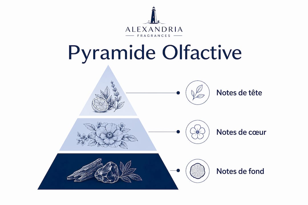Schéma illustrant les différentes étapes de la pyramide olfactive d’un parfum