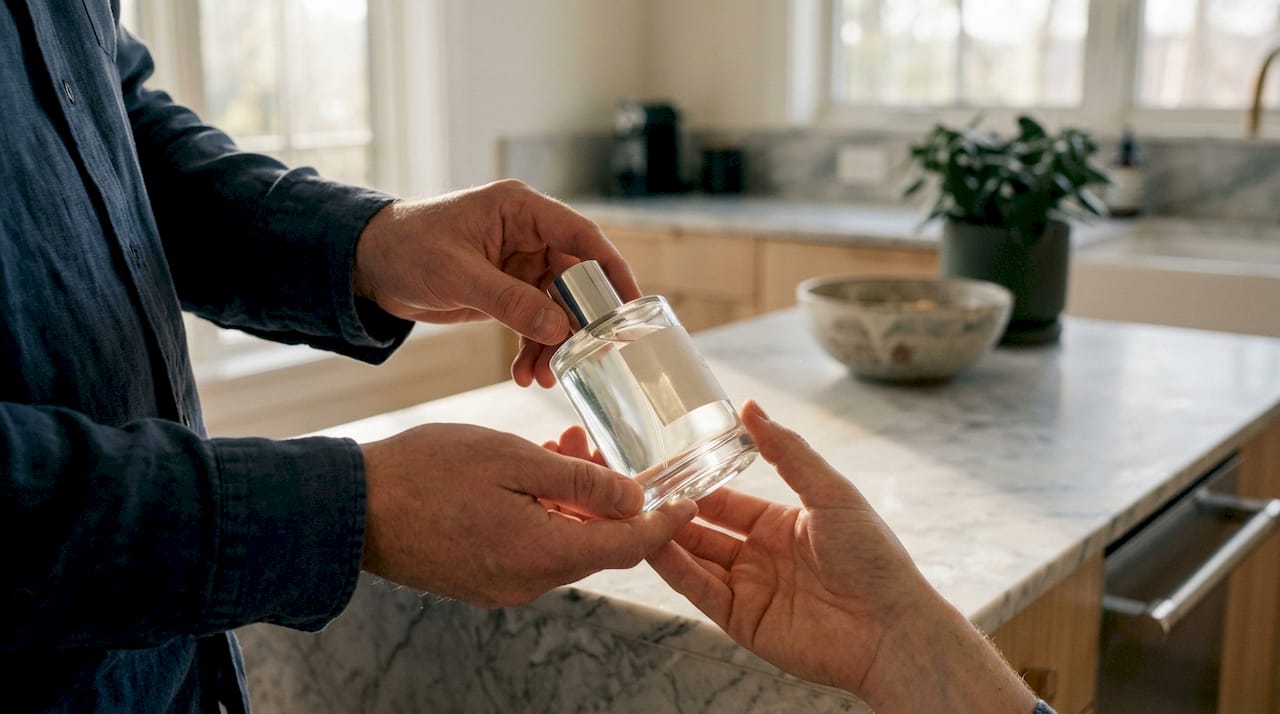 Des mains délicatement posées autour d’un flacon de parfum raffiné
