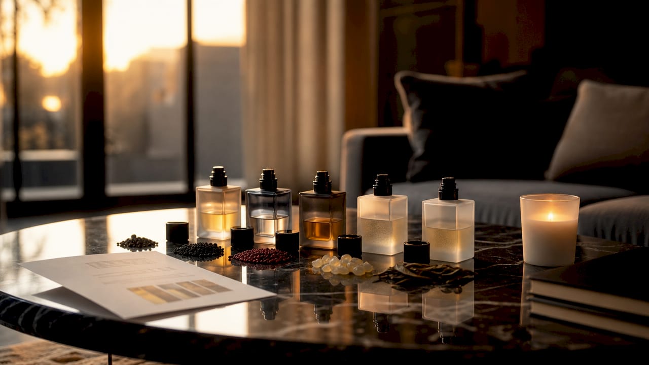 Des flacons de parfum accompagnés de leurs fiches olfactives disposés sur une table