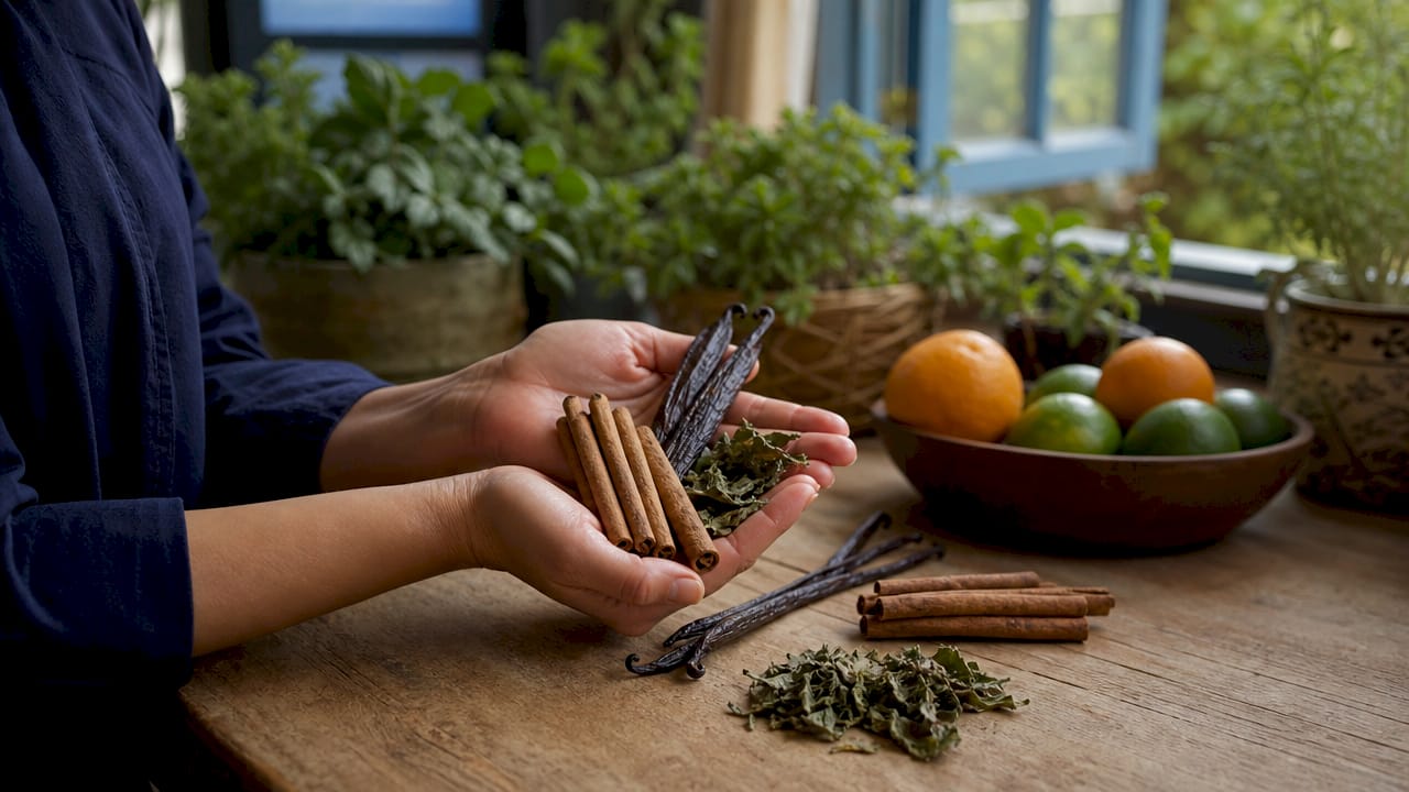 Manos impregnadas de especias y resinas, preparándolo todo para un perfume oriental