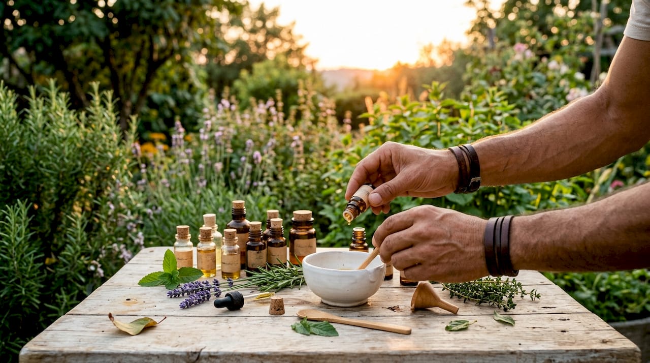 Manos preparando cuidadosamente una mezcla de ingredientes naturales para elaborar aceite