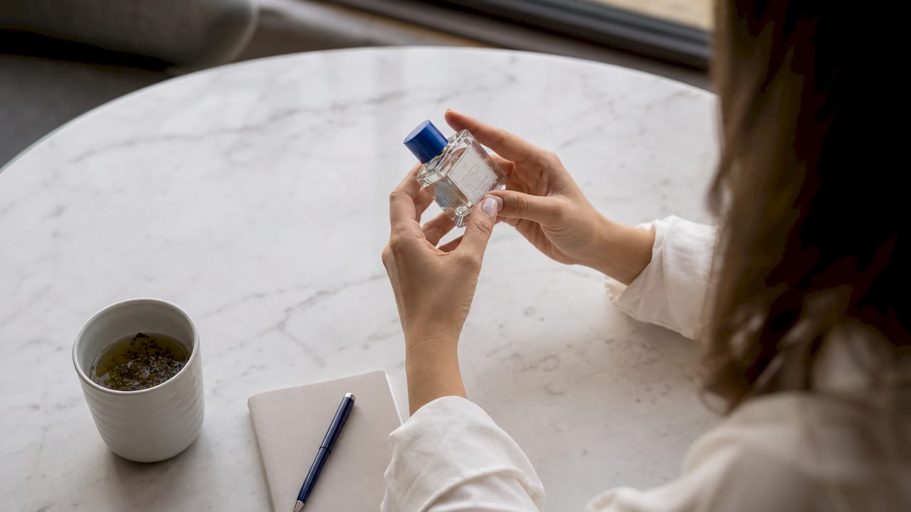 Unas manos revisando la lista de ingredientes de un perfume pensado para pieles sensibles.