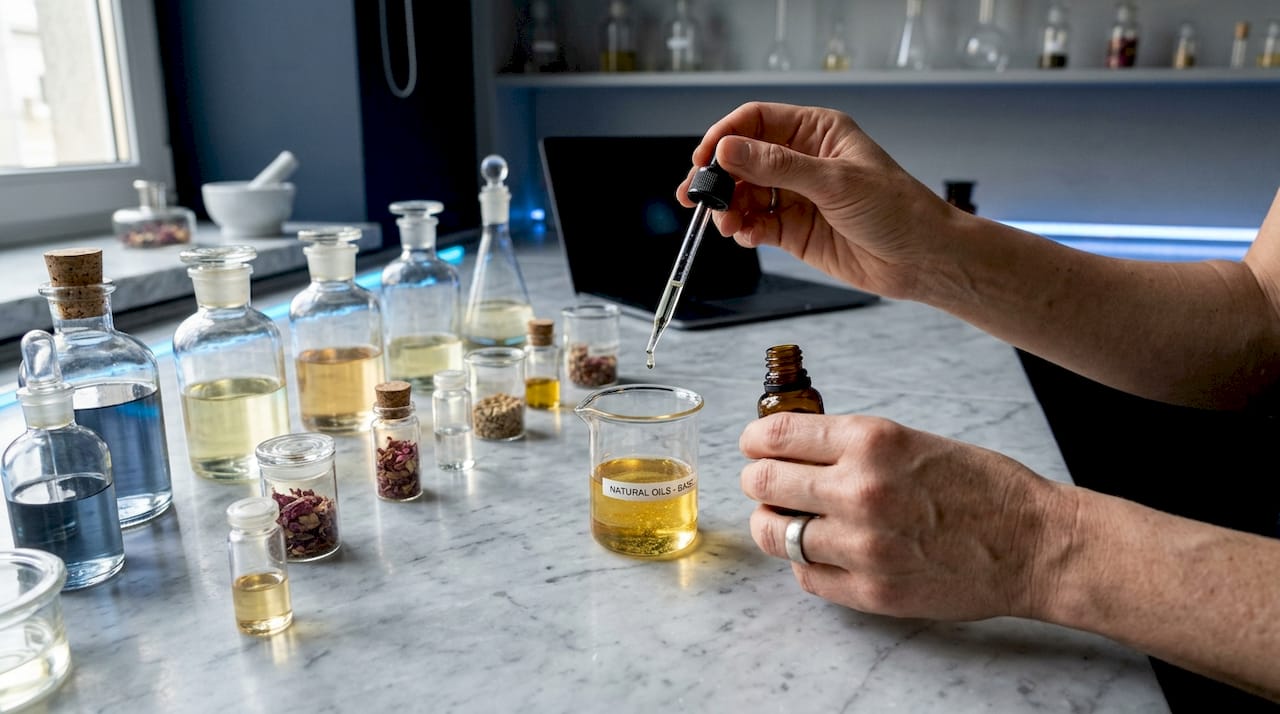 Des mains s’affairent à préparer des ingrédients naturels pour élaborer un parfum respectueux des animaux.