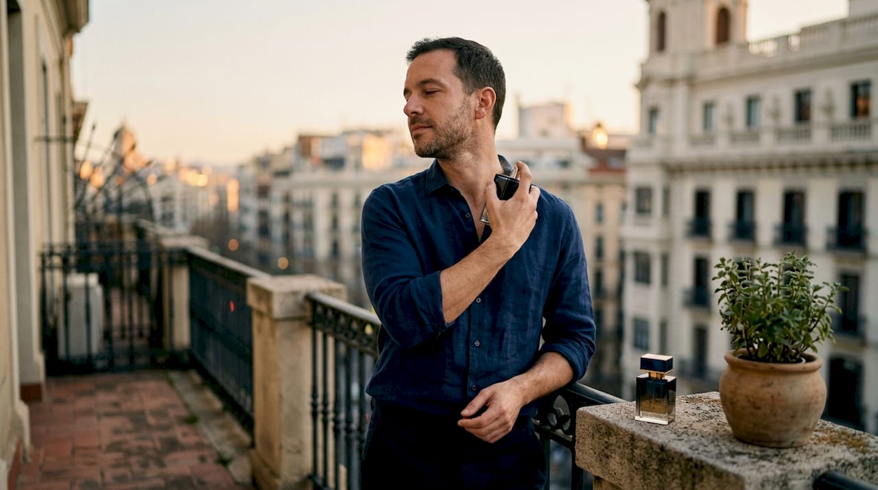 Unas manos aplican perfume en el cuello frente al espejo, usando un elegante frasco.
