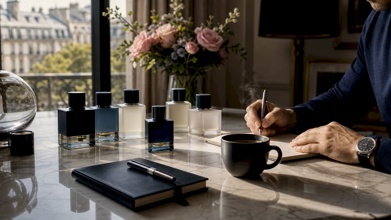 Vue en plongée sur des flacons de parfum, tandis qu'une personne prend des notes à la main.