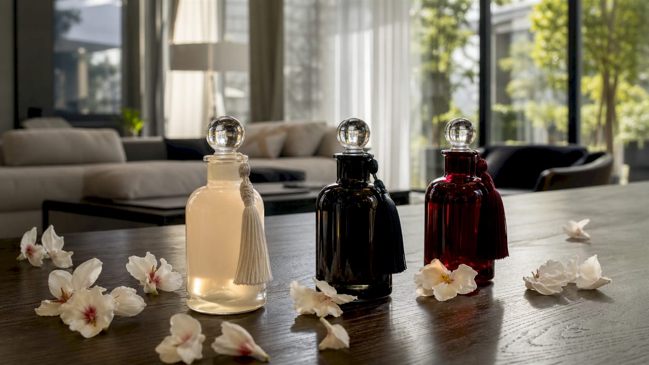 Une sélection de flacons de parfum illustrant la diversité des senteurs musquées.