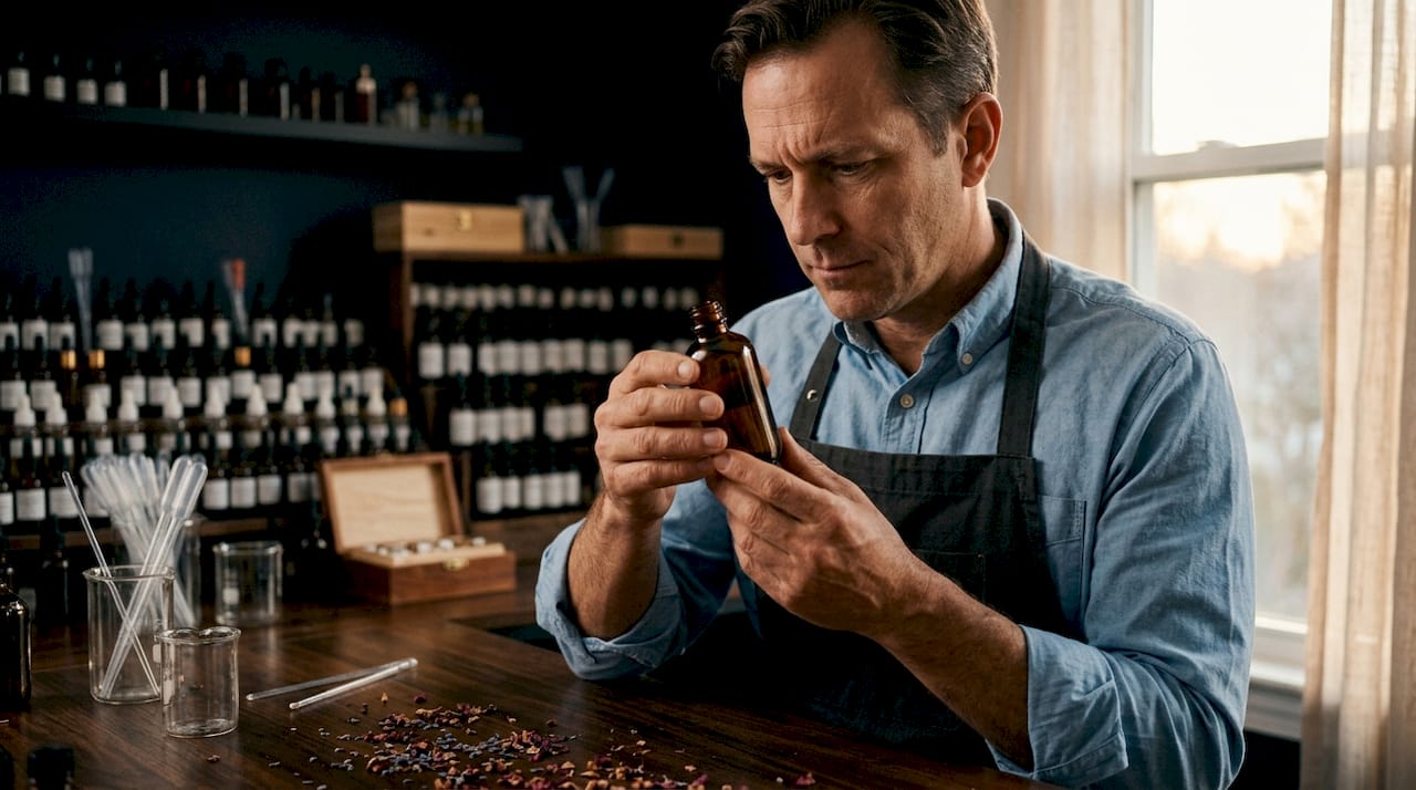 Un perfumista sostiene delicadamente una botella de fragancia y un gotero en sus manos.