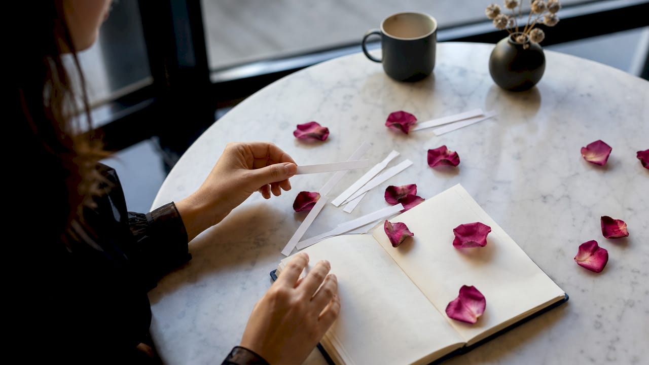 Des mains qui découvrent des parfums, tout en prenant des notes sur leurs impressions.