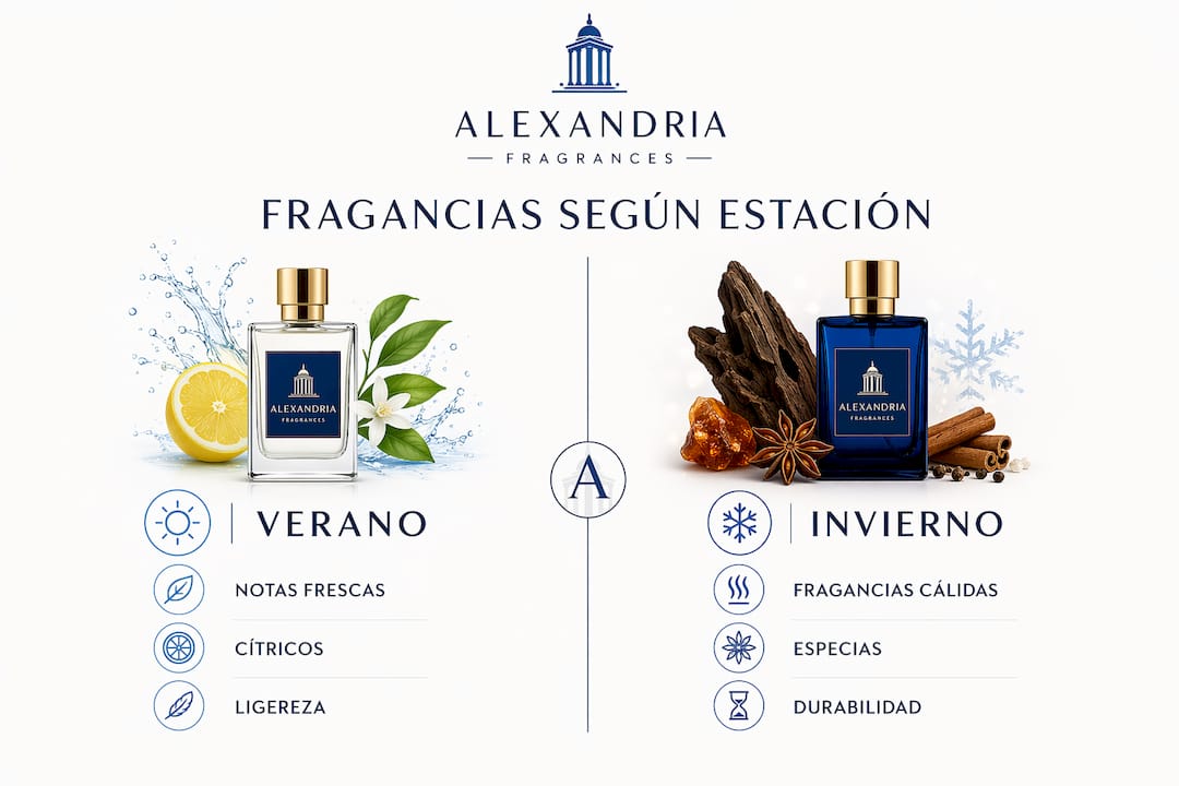 Comparativa visual de perfumes ideales para el verano y el invierno