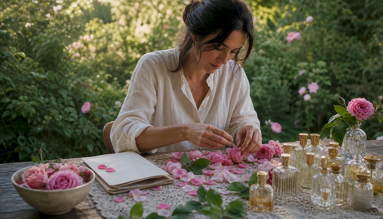 Une femme dispose délicatement des roses de mai à côté de flacons de parfum au style intemporel.