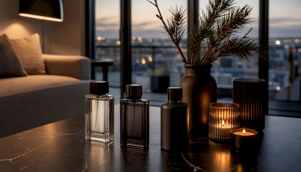 Des flacons de parfum joliment disposés sur une coiffeuse, entourés de fleurs fraîches et de quartiers d’agrumes