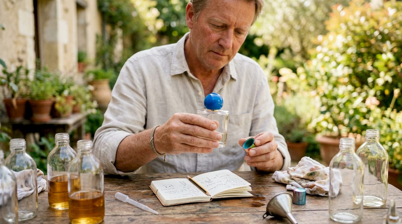 Manos dando una segunda vida a frascos de perfume, transformándolos con creatividad.