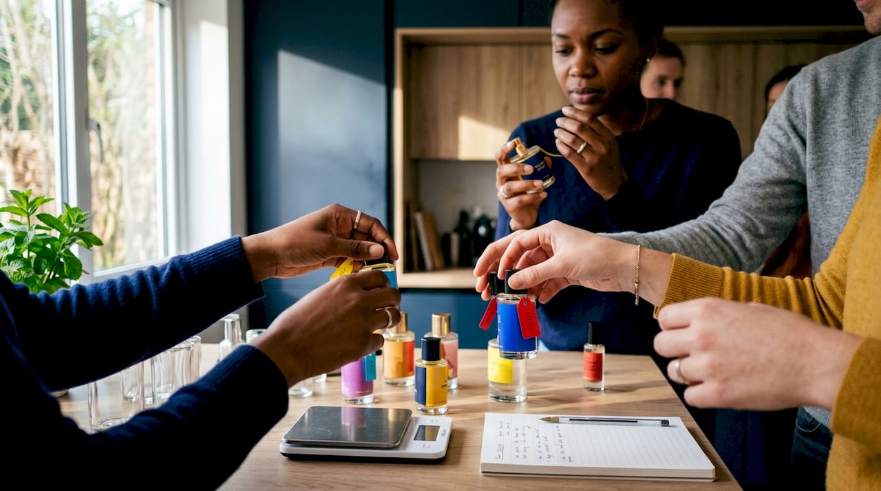 Zoom sur des mains qui comparent les prix de différents parfums.