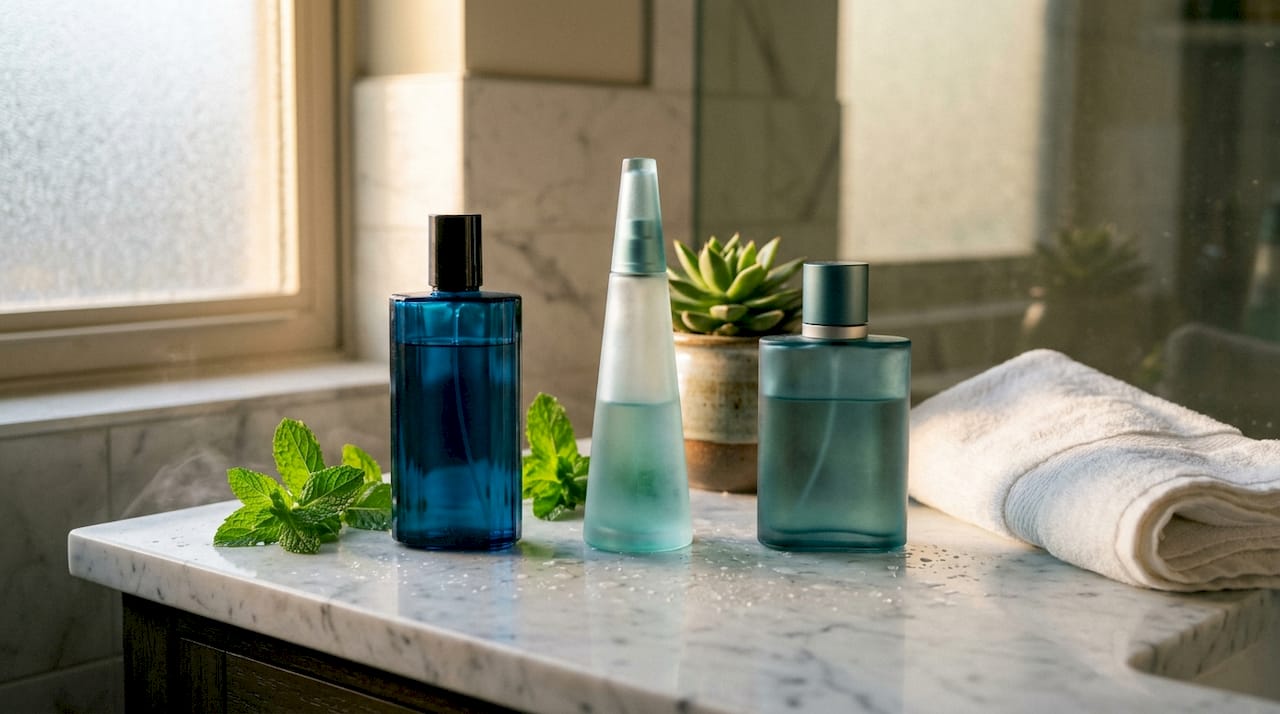 Botellas clásicas de perfumes frescos con notas acuáticas decoran la repisa del baño.