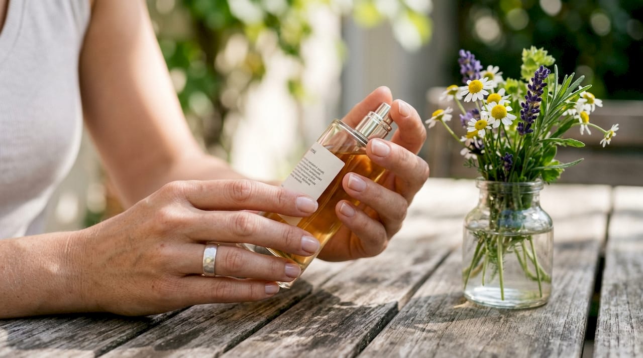 Des mains tiennent un flacon de parfum et scrutent attentivement la liste des ingrédients inscrite sur l’étiquette.