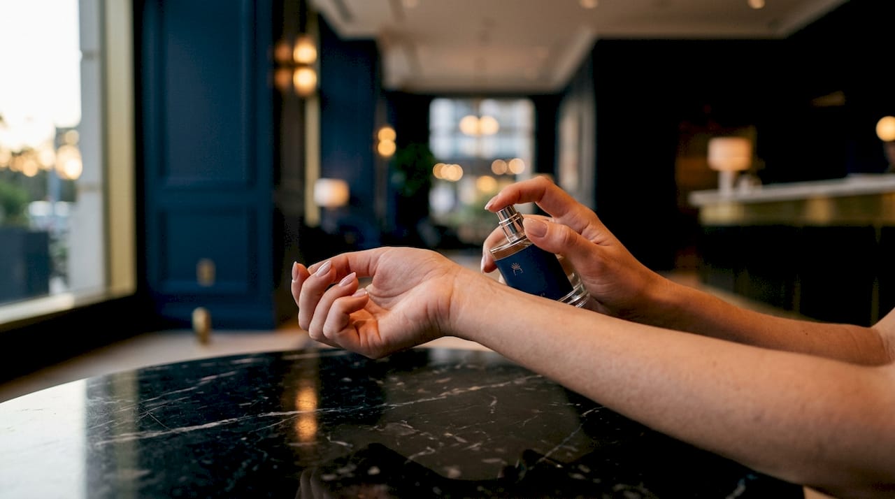 Detalle de unas manos aplicando perfume sobre los puntos de pulso