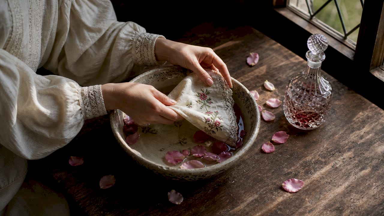 Manos llevando a cabo un ritual de agua con la rosa Tudor