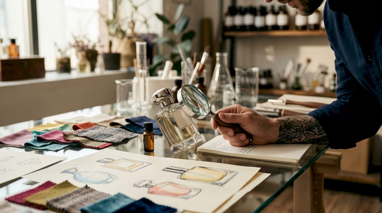 Sobre la mesa, bocetos creativos junto a un exclusivo frasco de perfume de edición limitada.