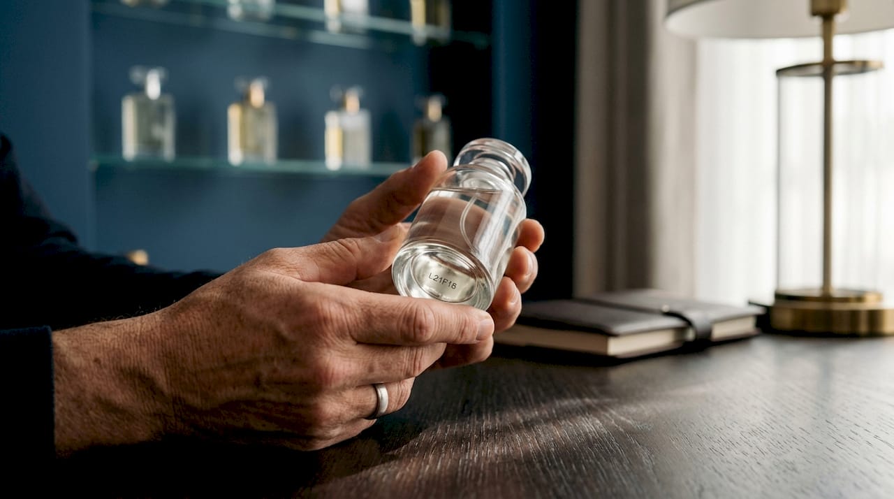 Des mains vérifient le numéro de lot sur un flacon d’édition limitée de parfum.