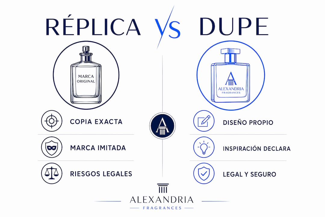 Infografía: diferencias clave entre perfumes réplica y perfumes tipo dupe