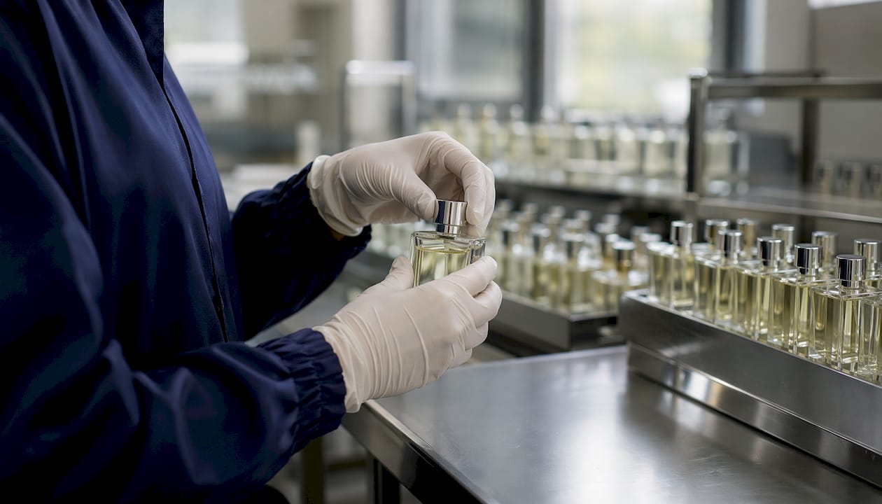 Manos ensamblando frascos de perfume en la línea de producción