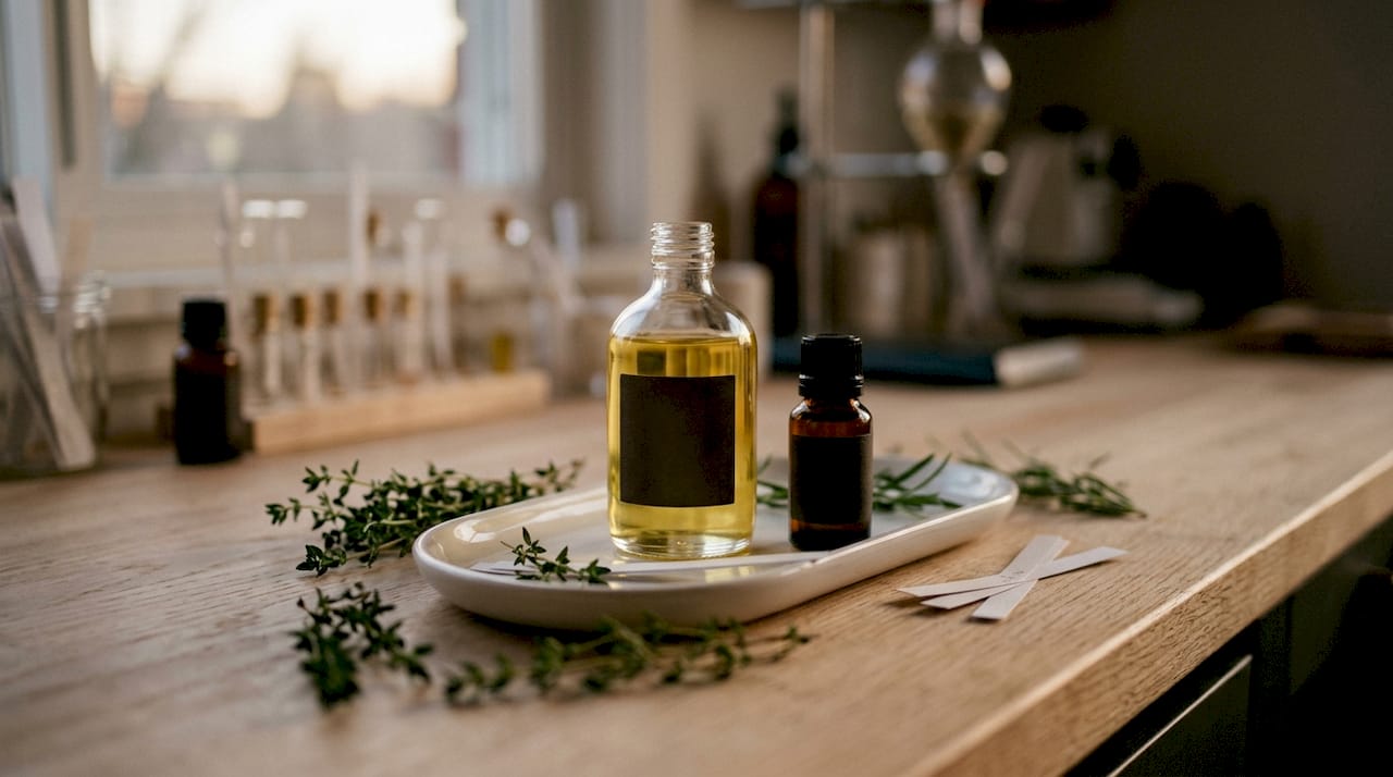 Bouteilles d’huile végétale et extraits aromatiques concentrés