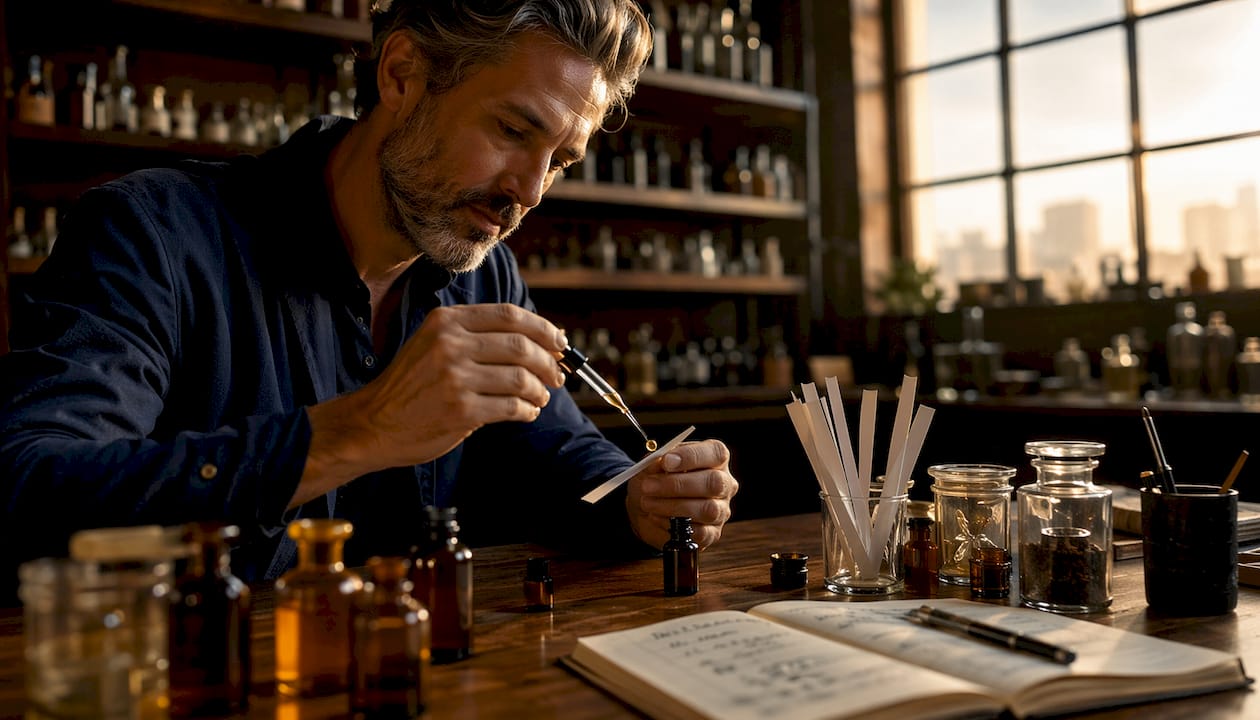 Unas manos preparan cuidadosamente aceites esenciales para crear perfumes en un taller artesanal.