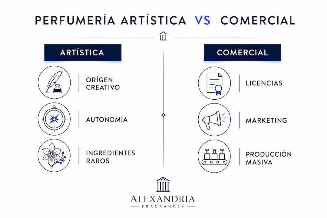 Infografía que muestra las diferencias entre perfumería de autor y perfumería comercial