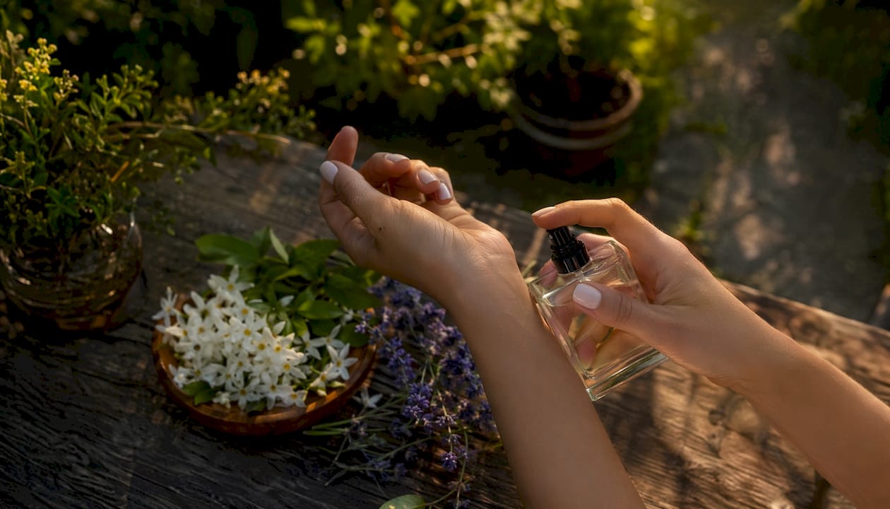 Detalle de unas manos mientras se aplican un perfume de origen natural.