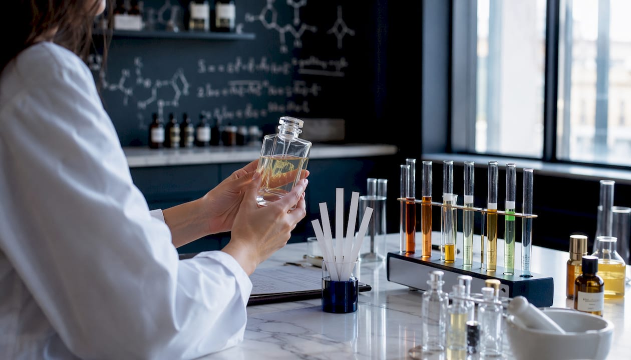 Les gestes précis d'une nez qui prépare un parfum dans son laboratoire.